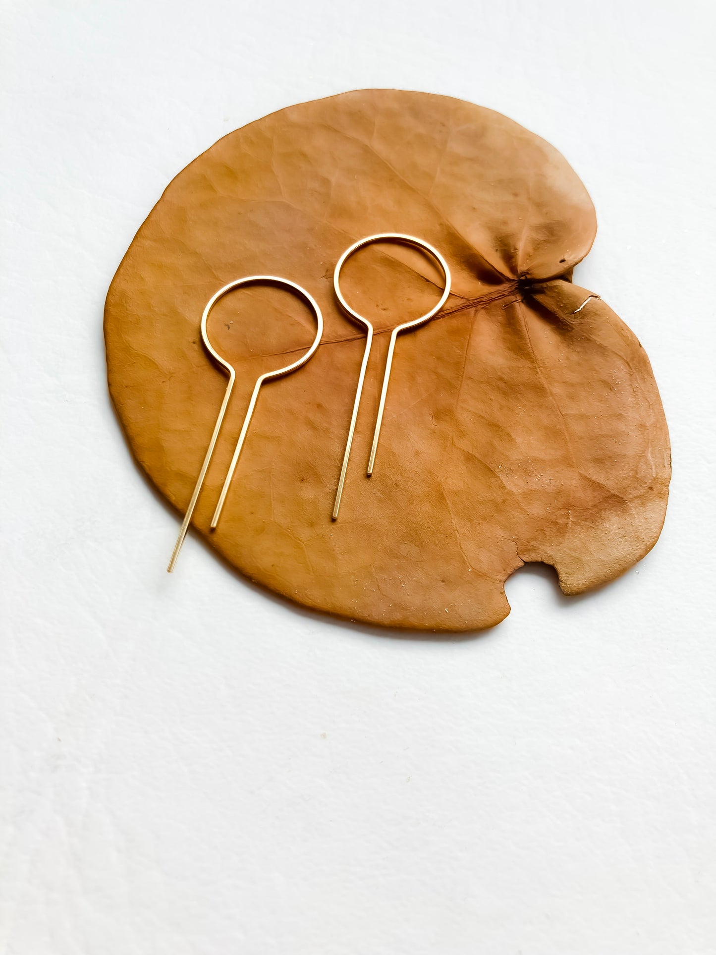 theader earrings gold fill long modern minimalist against a dried brown leaf and white background