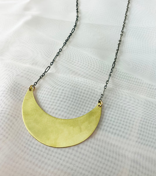 gold crescent moon necklace with black silver chain 