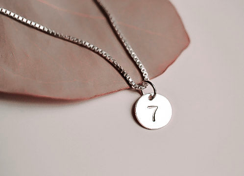 vintage hand stamped number 7 sterling silver round neckalce against a large brown leaf background